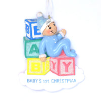 BABY BOY ATOP LETTER BLOCKS ORNAMENT