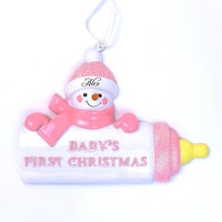 PINK SNOWMAN BABY BOTTLE ORNAMENT