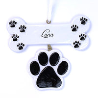 BLACK DOG BONE W/ PAW PRINT DANGLING ORNAMENT
