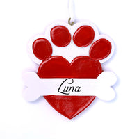 RED HEART DOG BONE W/ PAW PRINT ORNAMENT