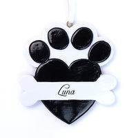 BLACK HEART DOG BONE W/ PAW PRINT ORNAMENT