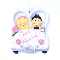 JUST MARRIED CAR ORNAMENT WITH BLONDE BRIDE