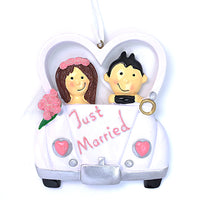 JUST MARRIED CAR ORNAMENT WITH BRUNETTE BRIDE