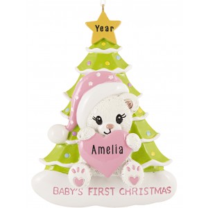 Santa Bear with Tree Girl Personalized Christmas Ornament 