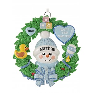 Snow Baby Wreath Boy Personalized Christmas Ornament 