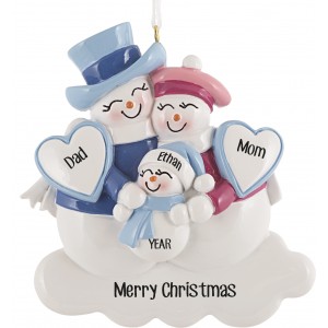 Snowman Family With New Baby Blue Personalized Christmas Ornament