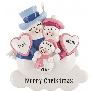 Snowman Family With New Baby Pink Personalized Christmas Ornament