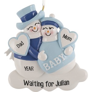 Expecting Snowman Blue Personalized Christmas Ornament