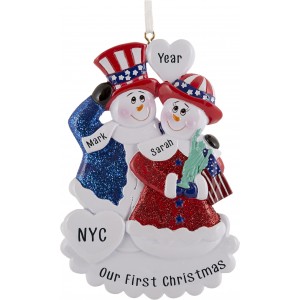 Patriotic Snowman Couple Personalized Christmas Ornament
