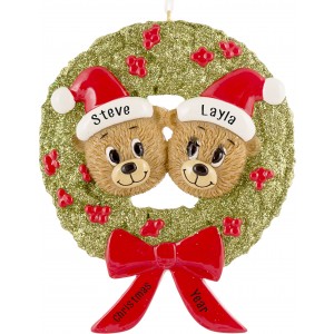 Bear Wreath Family of 2 Personalized Christmas Ornament 