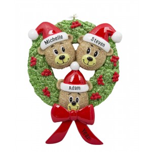 Bear Wreath Family of 3 Personalized Christmas Ornament 