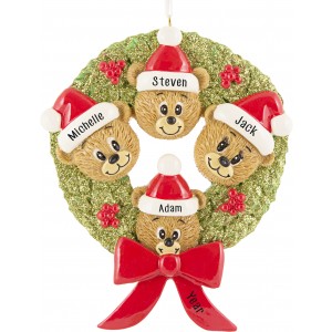 Bear Wreath Family of 4 Personalized Christmas Ornament 