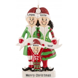 Elf Family of 3 Personalized Christmas Ornament