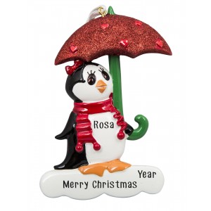 Penguin with Umbrella Red Personalized Christmas Ornament 
