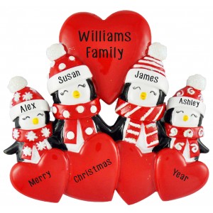 Penguin Love Family of 4 Personalized Christmas Ornament