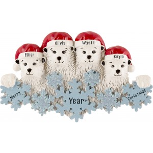 Polar Bear Snowflake Family of 4 Personalized Christmas Ornament