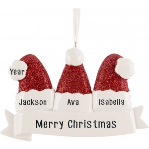 Santa Hat Family of 3 Personalized Christmas Ornament 