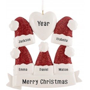 Santa Hat Family of 5 Personalized Christmas Ornament