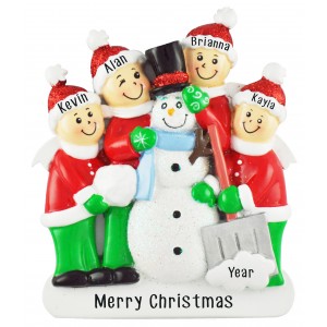 Snowman Making Family of 4 Personalized Christmas Ornament 
