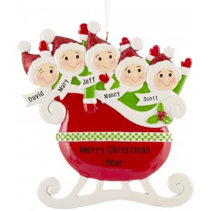 Red Family of 5 Taxi Sleigh Personalized Christmas Ornament 