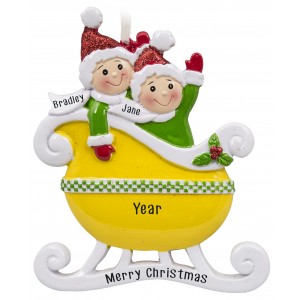 Taxi Sleigh Family of 2 Yellow Personalized Christmas Ornament 