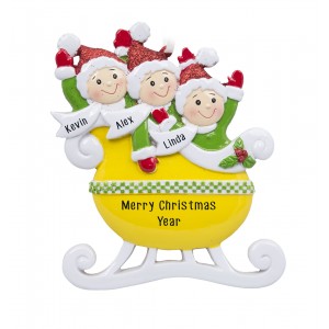 Yellow Family of 3 Taxi Sleigh Personalized Christmas Ornament
