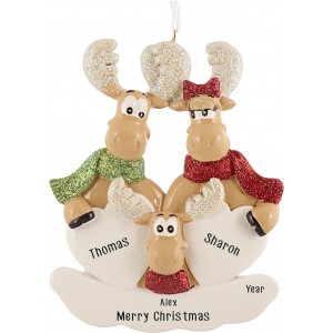 Sweet Moose Family of 3 Personalized Christmas Ornament 