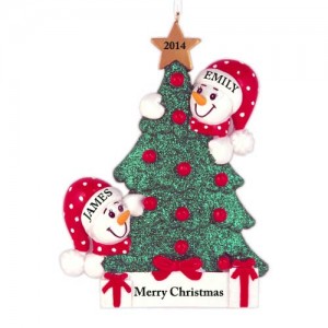 Tree Snowman Family of 2 Personalized Christmas Ornament 