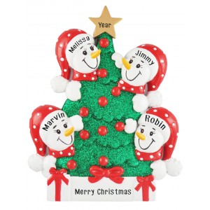 Tree Snowman Family of 4 Personalized Christmas Ornament 