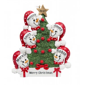 Tree Snowman Family of 5 Personalized Christmas Ornament 