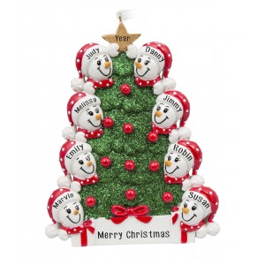 Tree Snowman Family of 8 Personalized Christmas Ornament 
