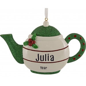 Holly Teapot Green Personalized Christmas Ornament 