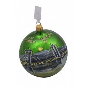 NYC Brooklyn Bridge Taxi Night Green Glass Ball Christmas Ornament