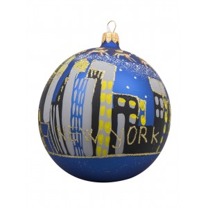 NYC Skyline with Santa Sleigh Blue Glass Ball Christmas Ornament