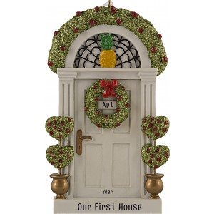 Door With Heart Topiaries White Personalized Christmas Ornament 