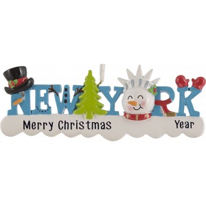 New York Words Snowman Personalized Christmas Ornament 
