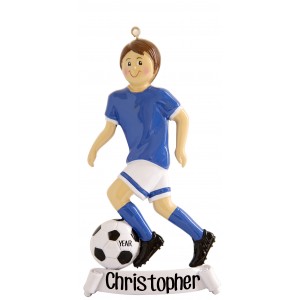Soccer Boy Blue Personalized Christmas Ornament 