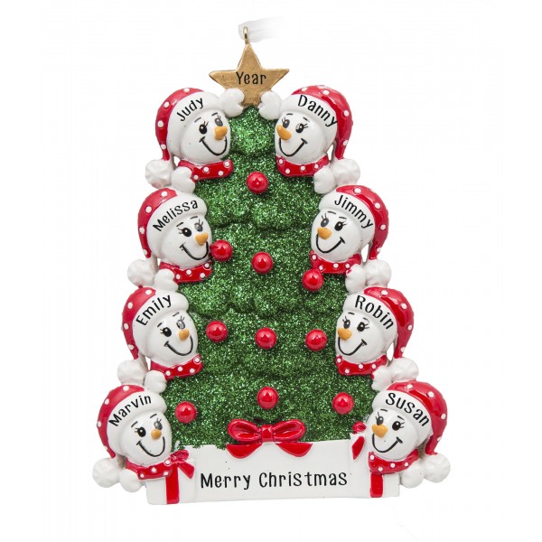 Tree Snowman Family of 8 Personalized Christmas Ornament