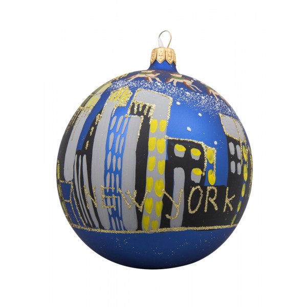 NYC Skyline with Santa Sleigh Blue Glass Ball Christmas Ornament