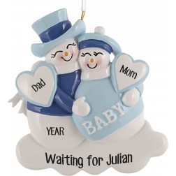 Image of Expecting Snowman Blue Personalized Christmas Ornament