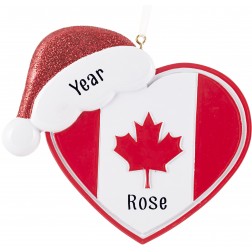 Image of Canadian Flag With Heart Glitter Hat Personalized Christmas Ornament