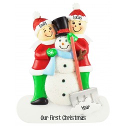 Image of Snowman Making Family of 2 Personalized Christmas Ornament